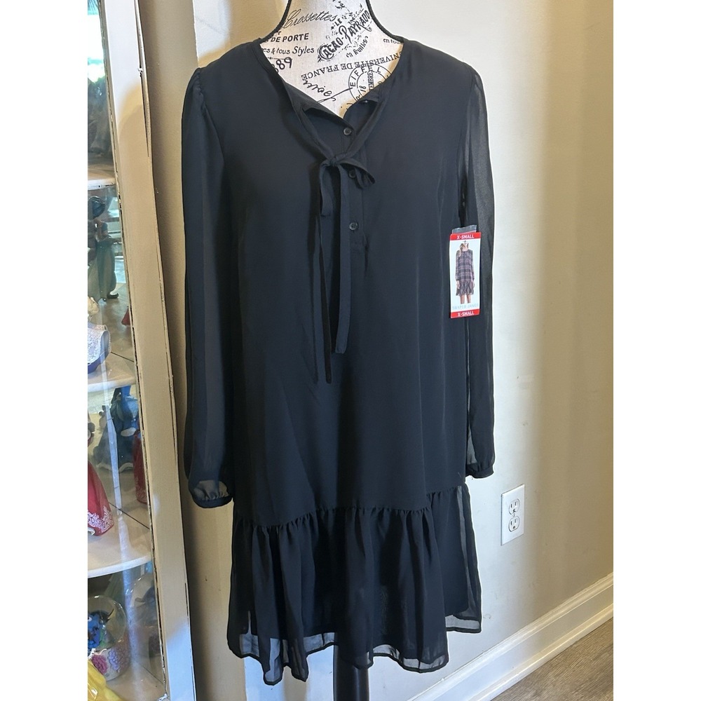 NWT Draper James Sz XS Black Tie Neck Flounce Shift Dress Shear Casual Sundress